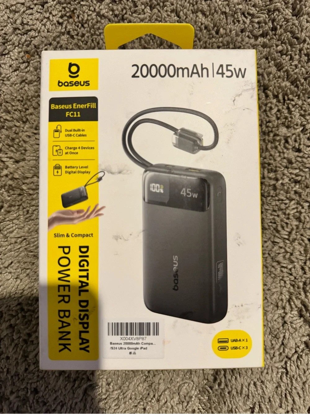 Black Portable Power Bank with Built-in USB-C Cables